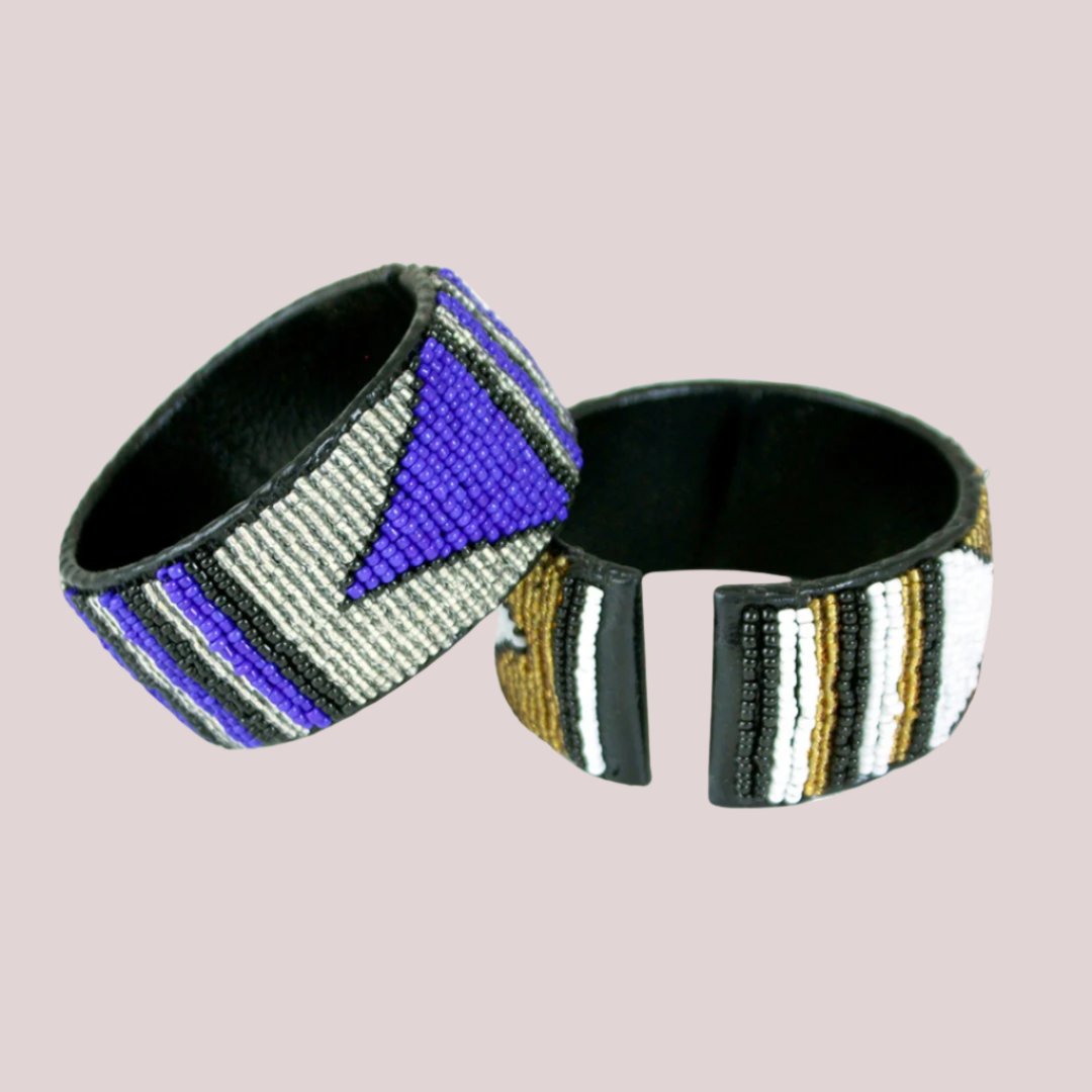 African Kenyan Beaded Leather Cuff Set