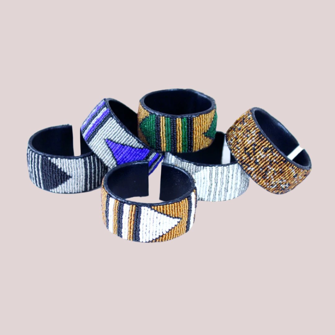 African Kenyan Beaded Leather Cuff Set