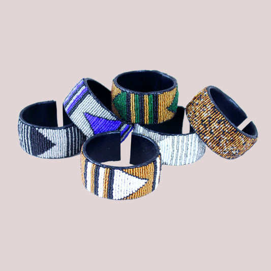 Set of 6 Kenyan Beaded Leather Cuffs