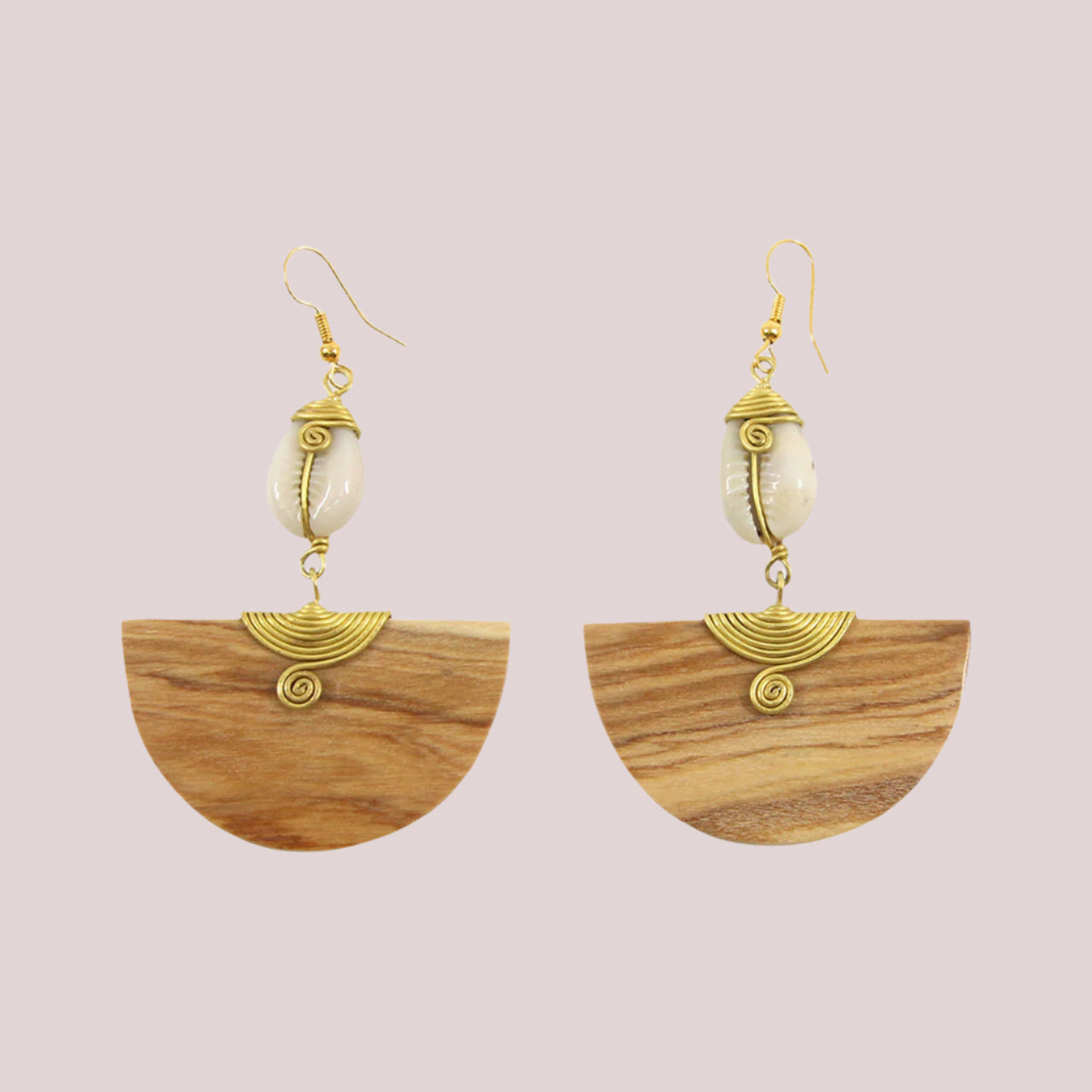 African Cowrie Brass & Wood Half-Moon Earrings