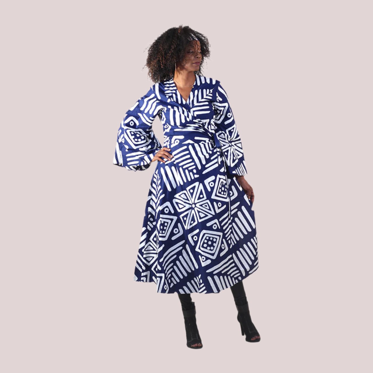 Blue/White Mud Print Wrap Dress