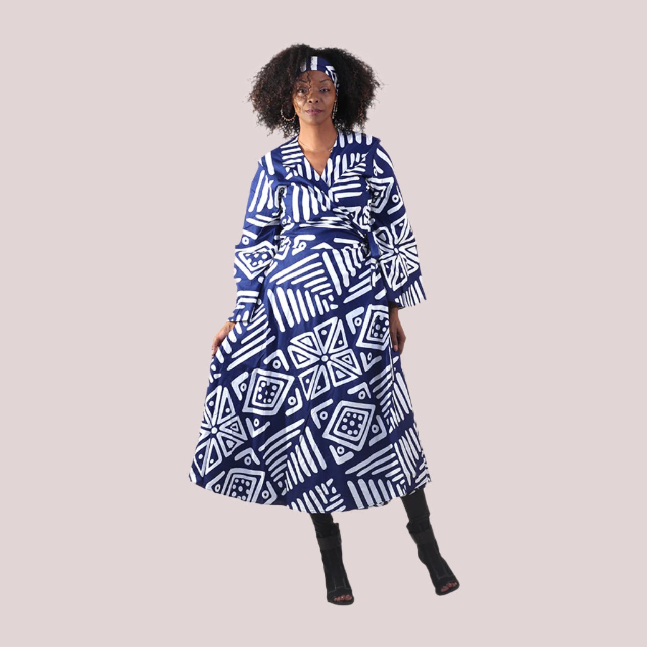 Blue/White Mud Print Wrap Dress