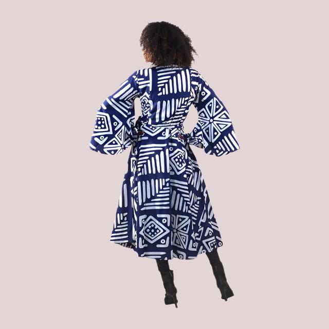 Blue/White Mud Print Wrap Dress