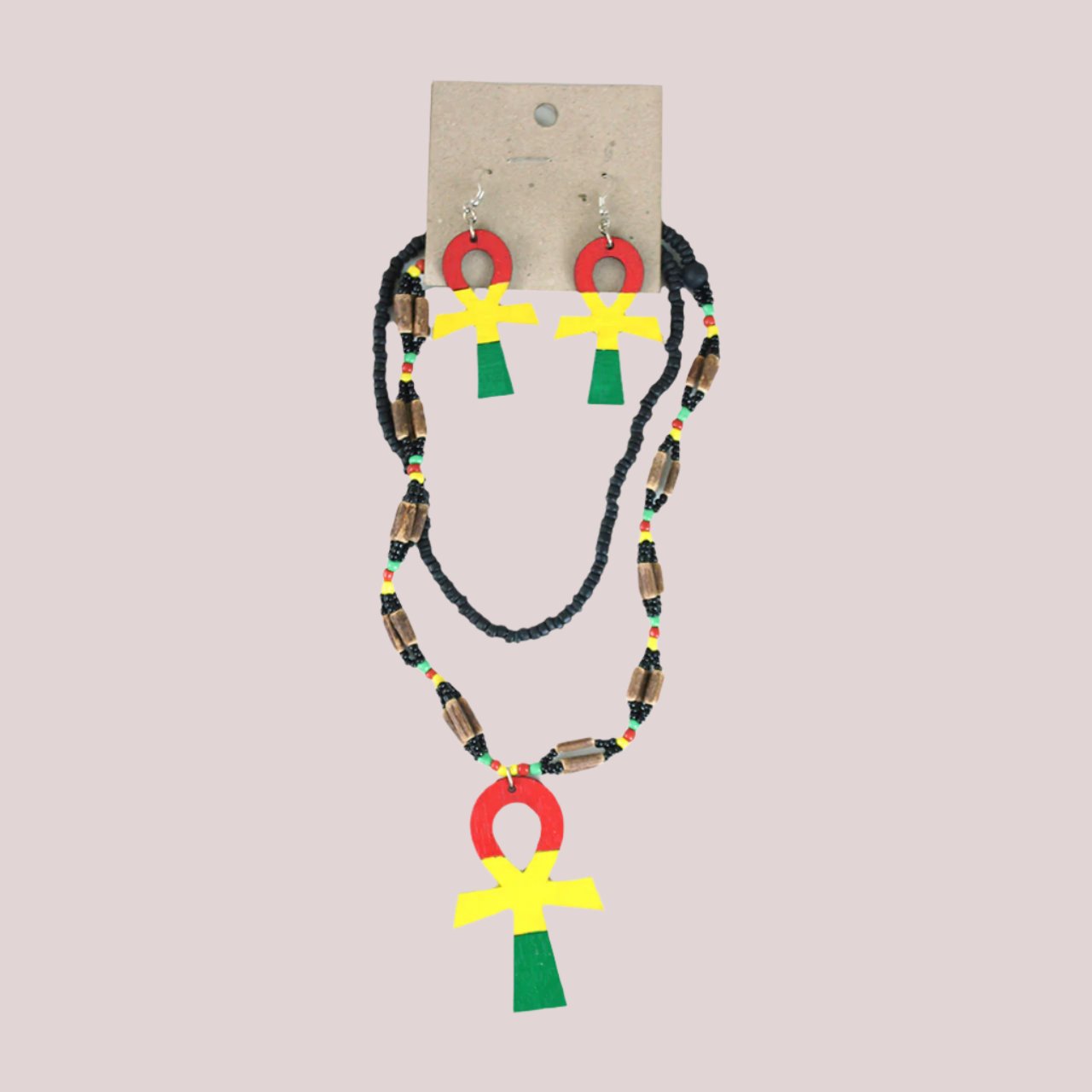 Rasta Ankh Beaded Necklace & Earring Set