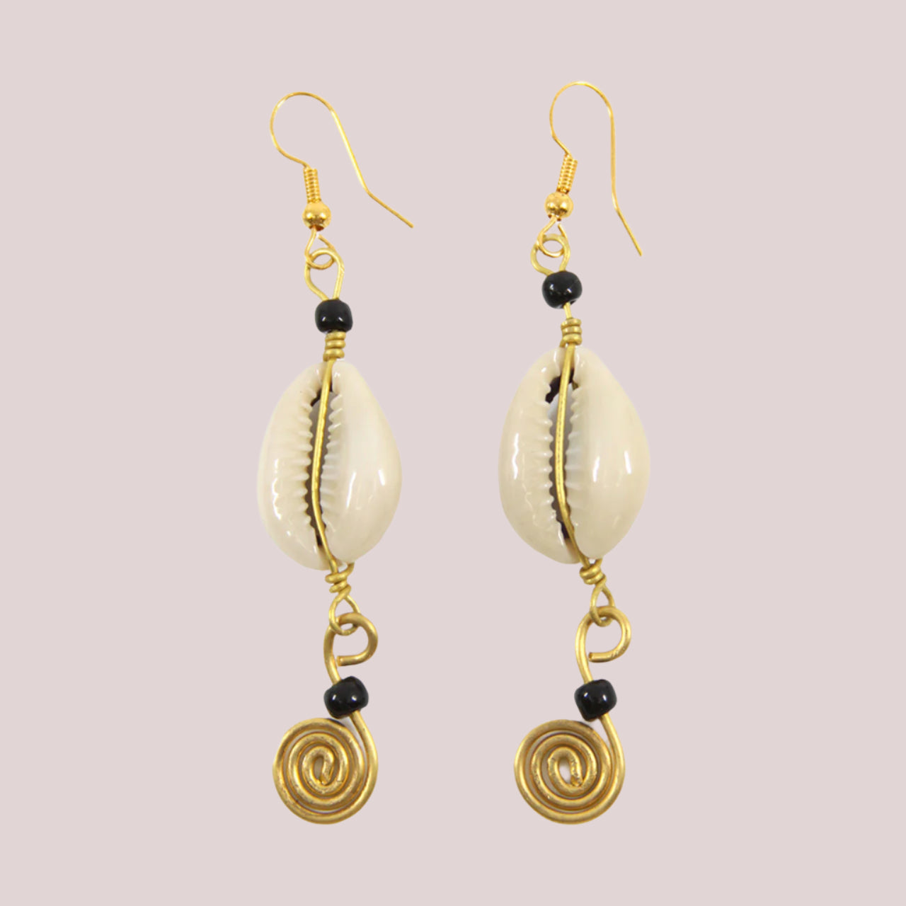 African Brass Spiral & Cowrie Shell Earrings