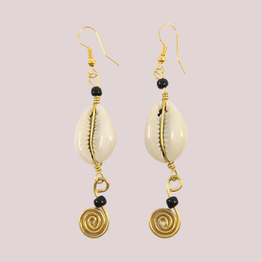 African Brass Spiral & Cowrie Shell Earrings