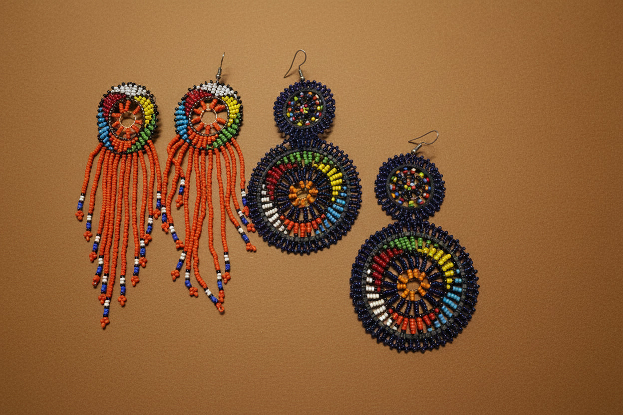 Set of two Massai Earrings Orange and Blue Multicolored