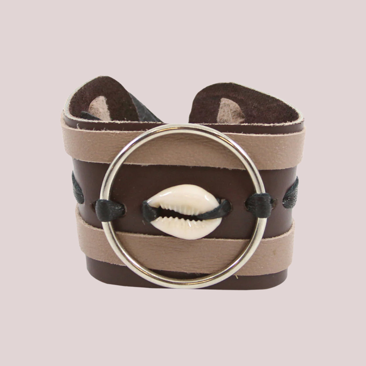 African Leather Brass Circle & Shell Cuff Bracelet